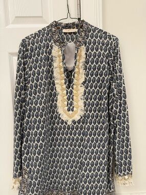 Tory Burch Blue, Brown & Cream Printed Blouse